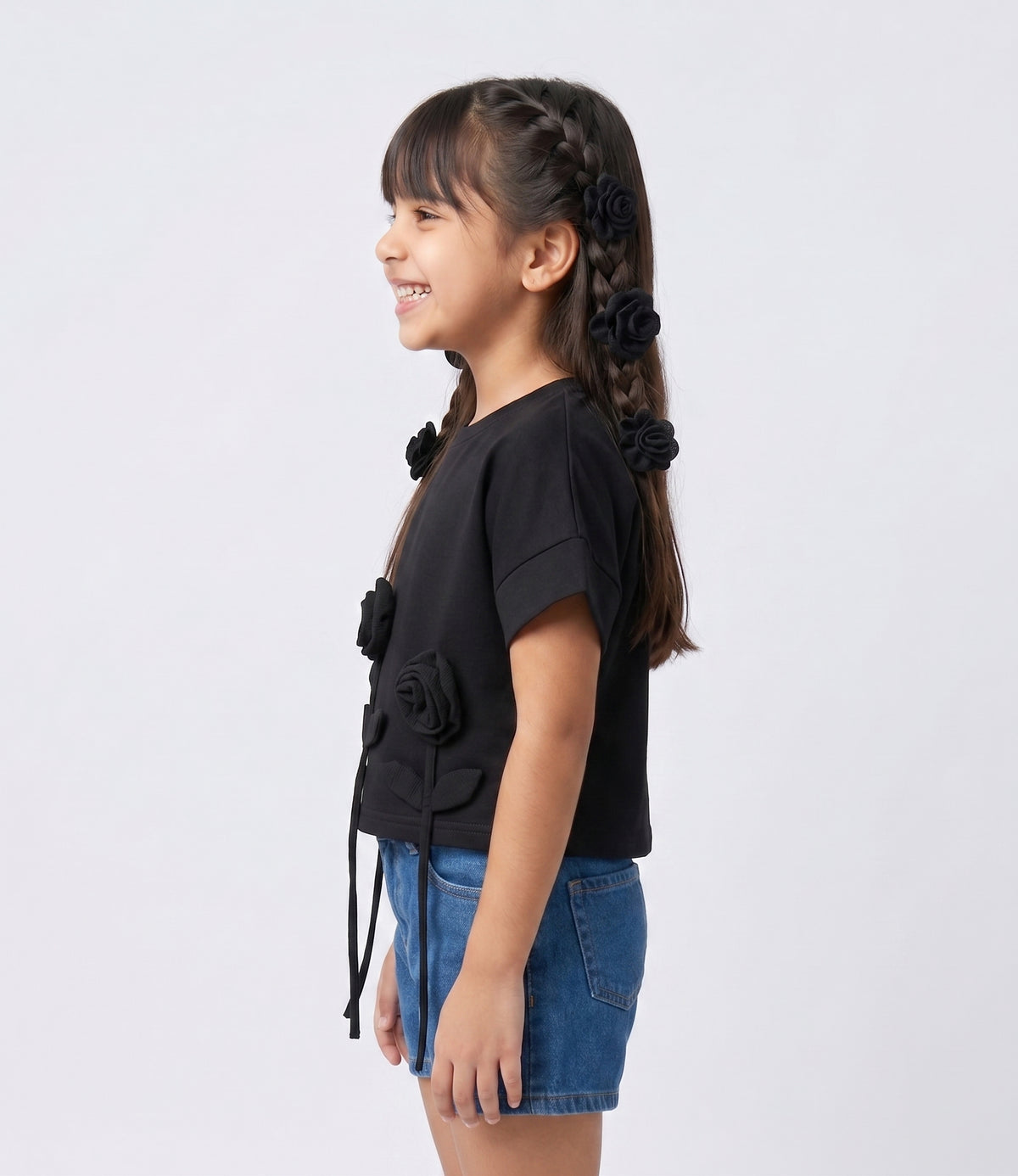 Black 3D Floral Appliqué T-Shirt TG6718