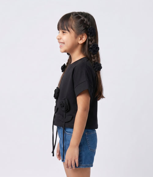 Black 3D Floral Appliqué T-Shirt TG6718