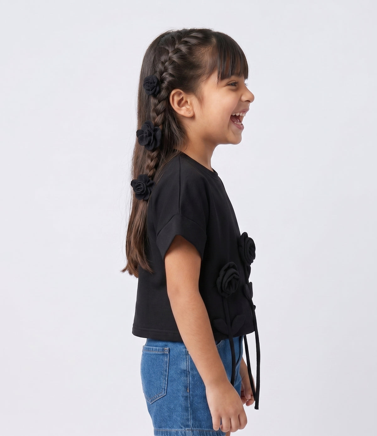 Black 3D Floral Appliqué T-Shirt TG6718