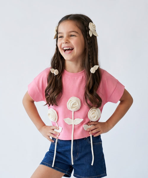 Pink 3D Rose Appliqué T-Shirt TG6718