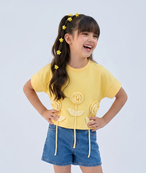 Yellow 3D Rose Appliqué T-Shirt TG6718