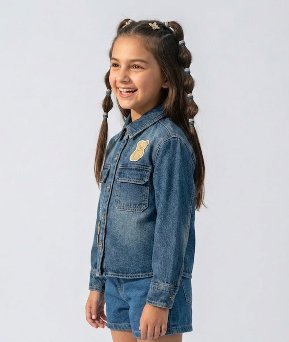 Dark Blue Patch Detail Denim Shirt TG6721