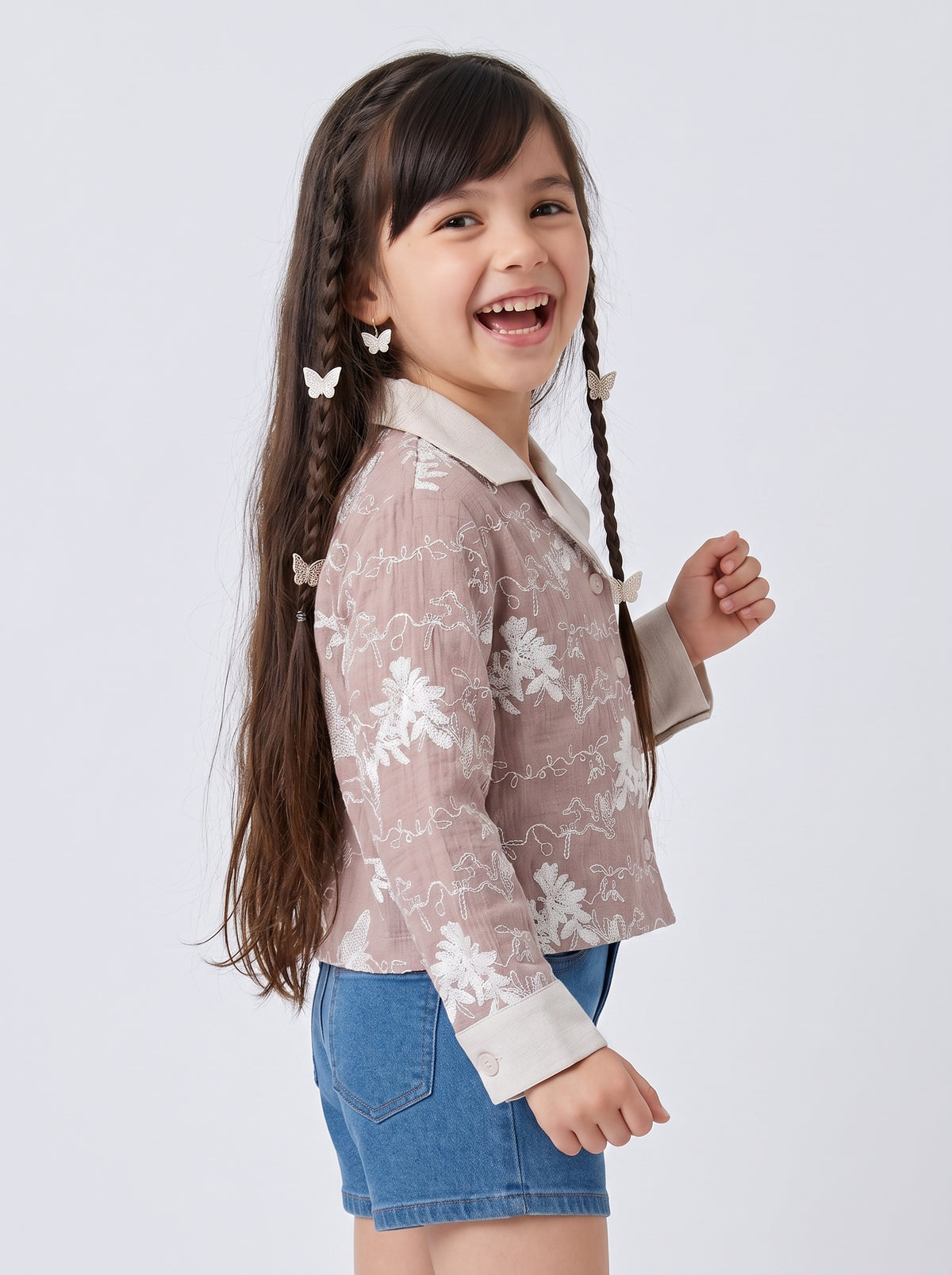 Mauve Floral Embroidered Contrast Collar Shirt TG6723