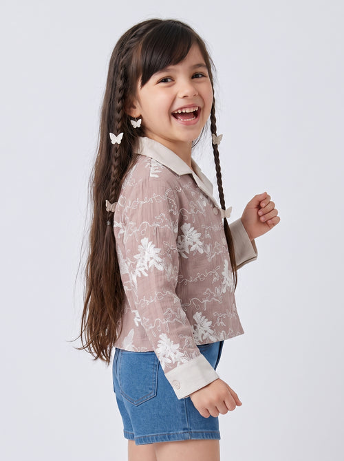 Mauve Floral Embroidered Contrast Collar Shirt TG6723