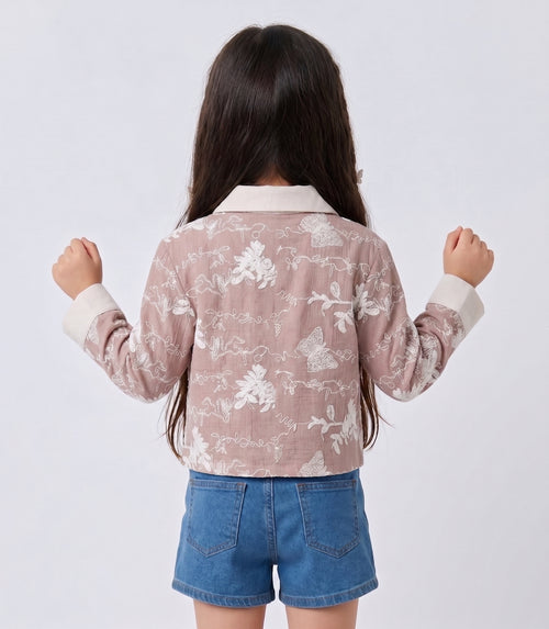 Mauve Floral Embroidered Contrast Collar Shirt TG6723