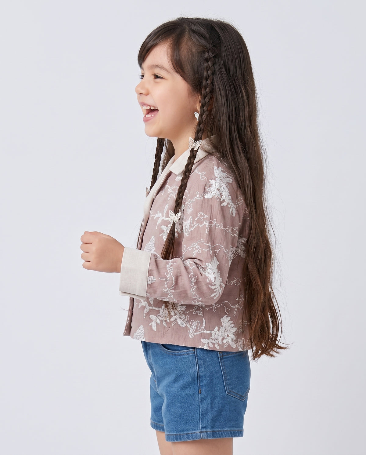 Mauve Floral Embroidered Contrast Collar Shirt TG6723