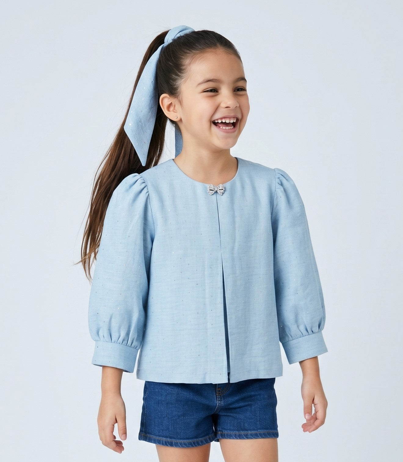 Light Blue Embellished Puff Sleeve Top TG6728