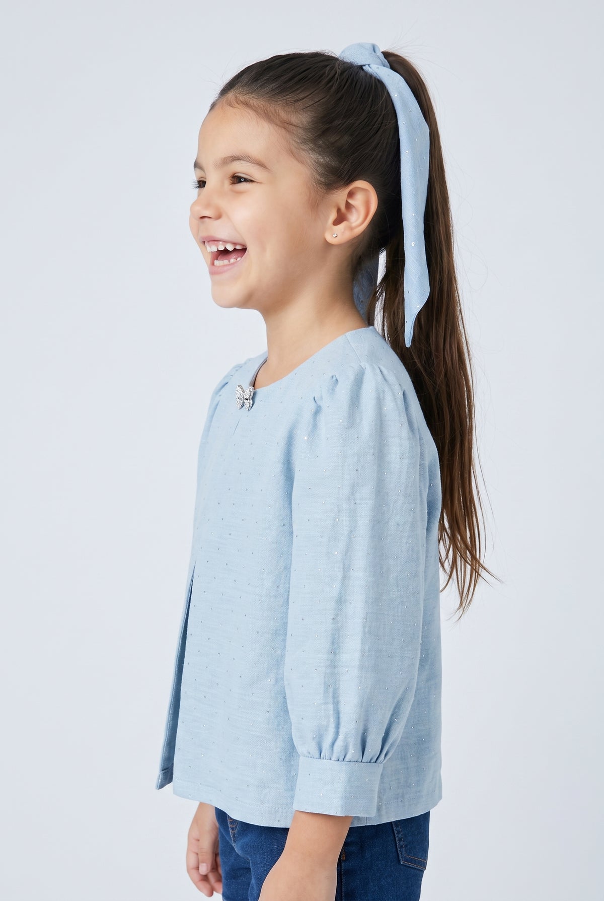Light Blue Embellished Puff Sleeve Top TG6728