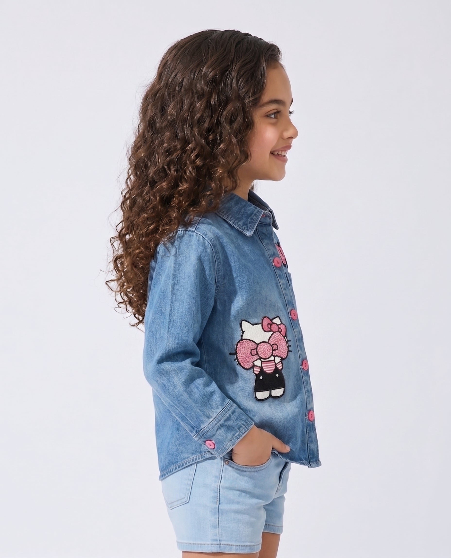 Light Blue Kitty Character Patch Denim Shirt TG6742