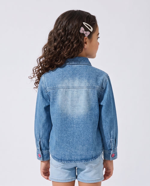 Light Blue Kitty Character Patch Denim Shirt TG6742
