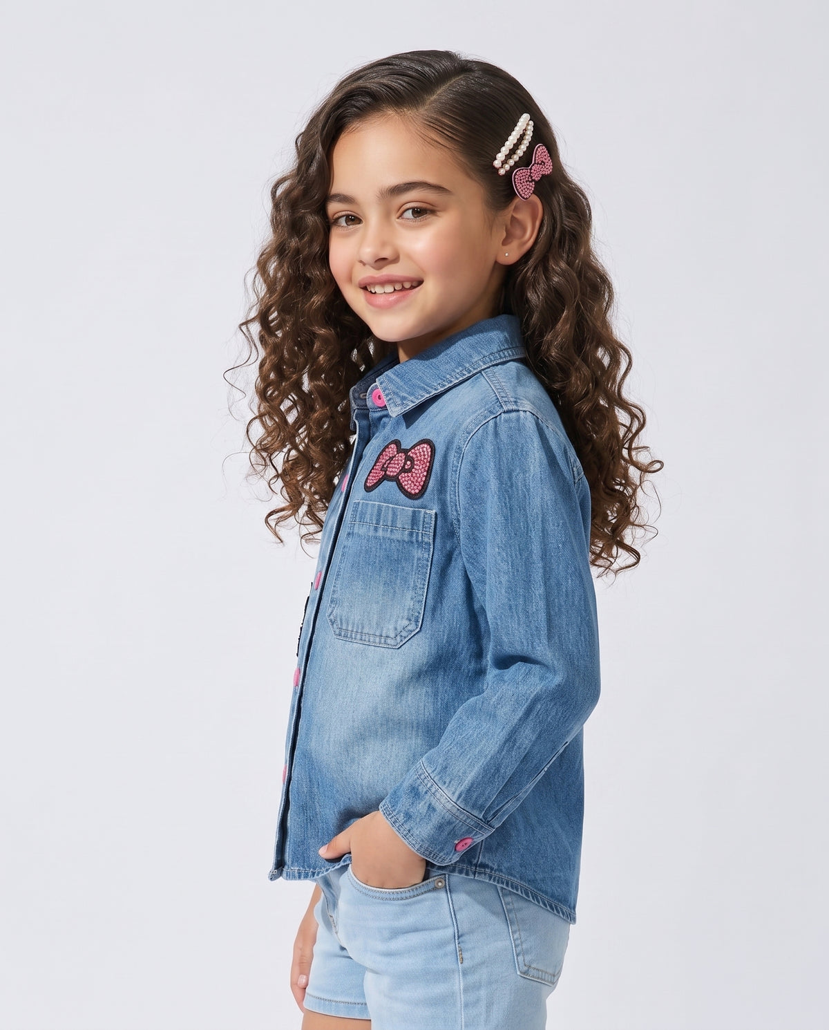 Light Blue Kitty Character Patch Denim Shirt TG6742