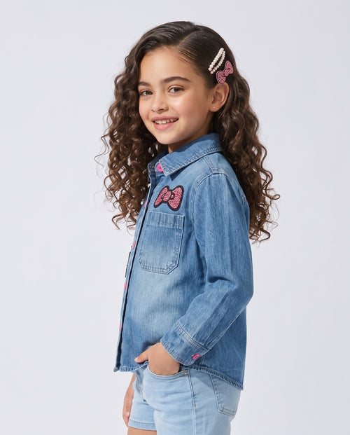 Light Blue Kitty Character Patch Denim Shirt TG6742