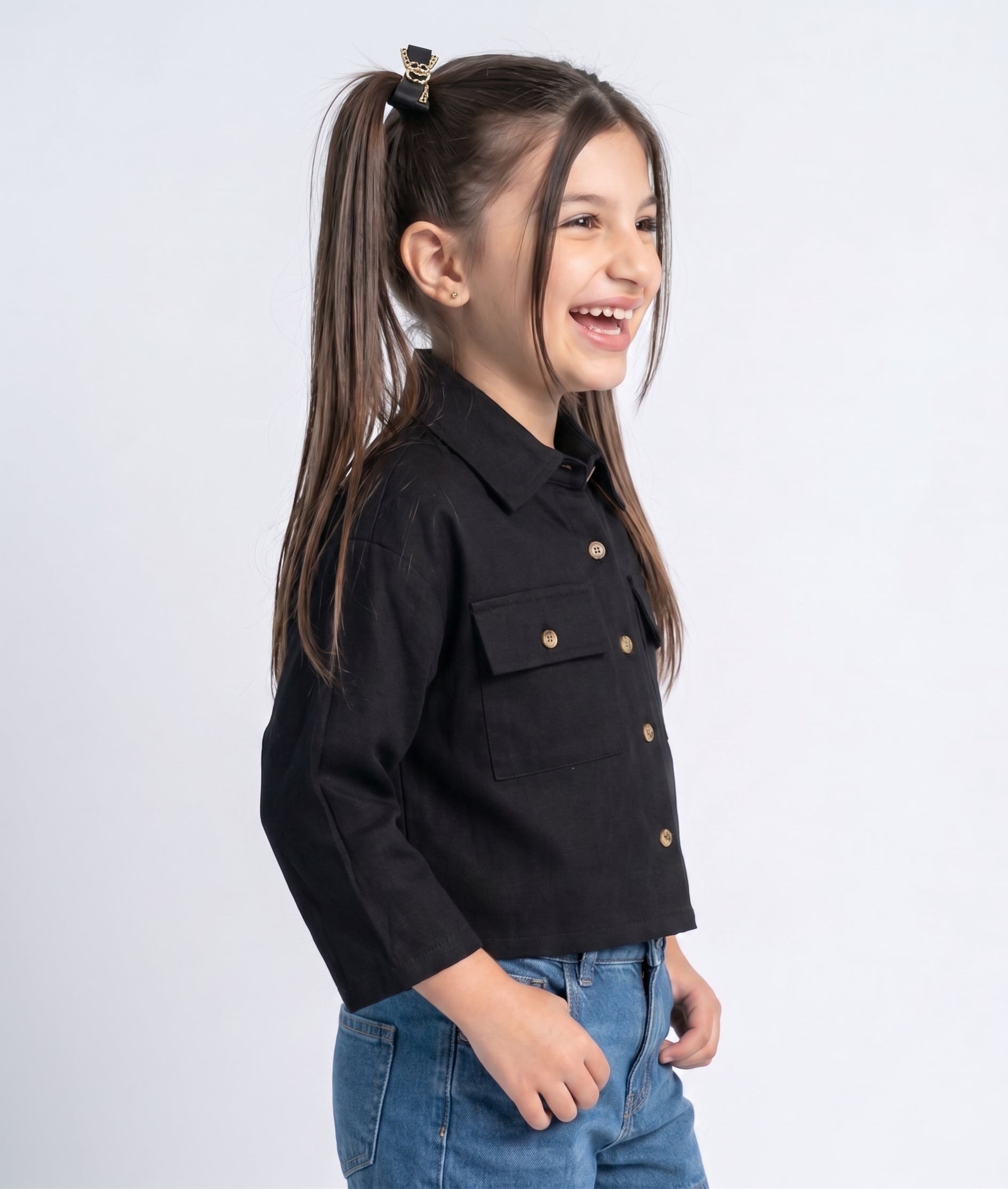 Black Utility Pocket Cropped Shirt TG6750