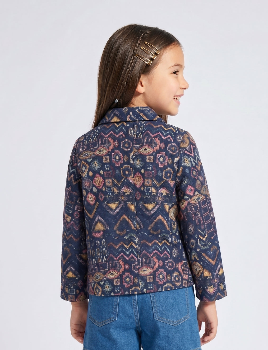 Navy Blue Geometric Print Button Jacket TG6759
