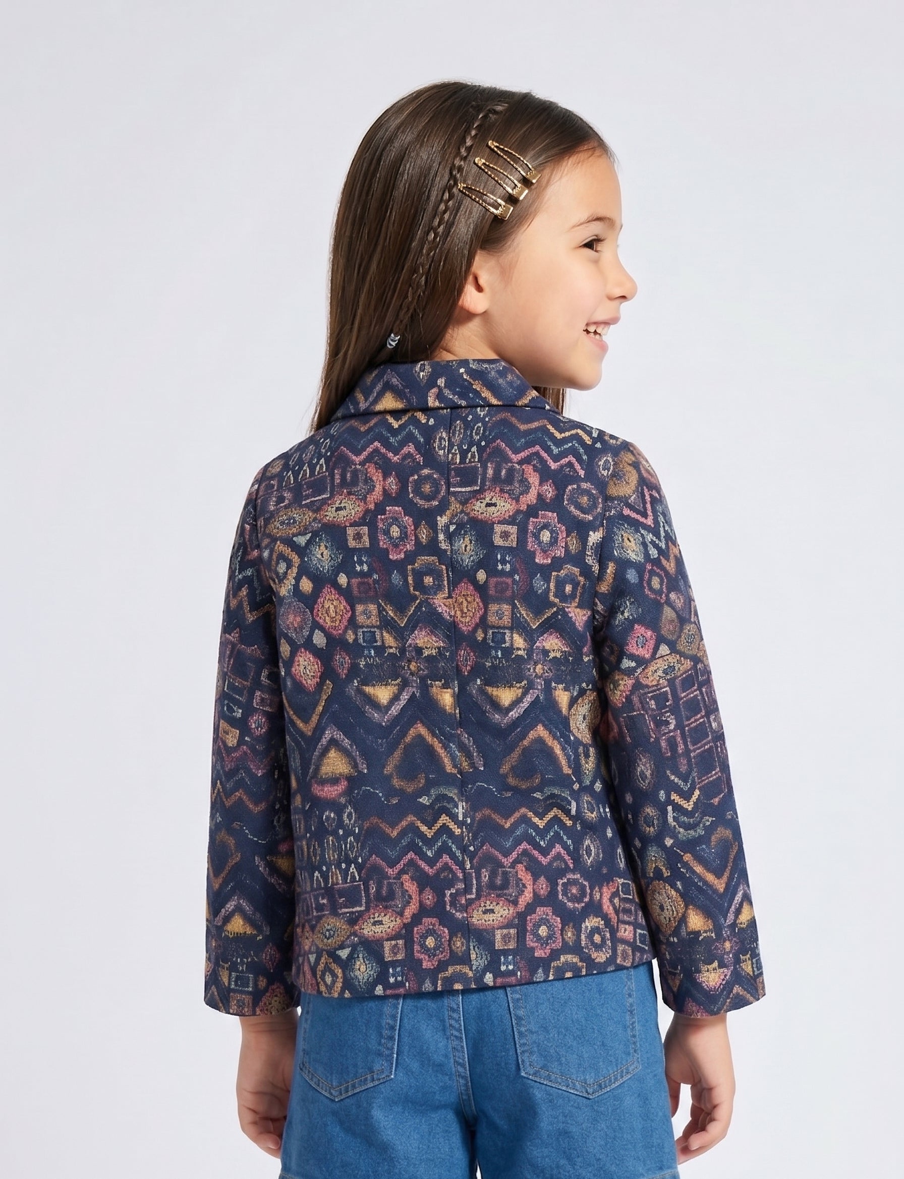 Navy Blue Geometric Print Button Jacket TG6759