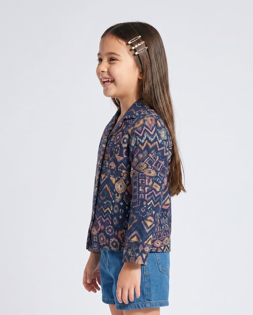 Navy Blue Geometric Print Button Jacket TG6759