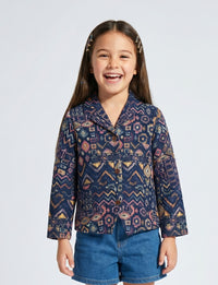 Navy Blue Geometric Print Button Jacket TG6759