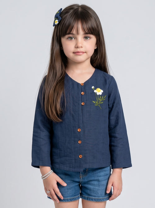 Navy Blue Floral Embroidered Button-Front Top TG6760