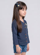 Navy Blue Floral Embroidered Button-Front Top TG6760