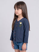 Navy Blue Floral Embroidered Button-Front Top TG6760