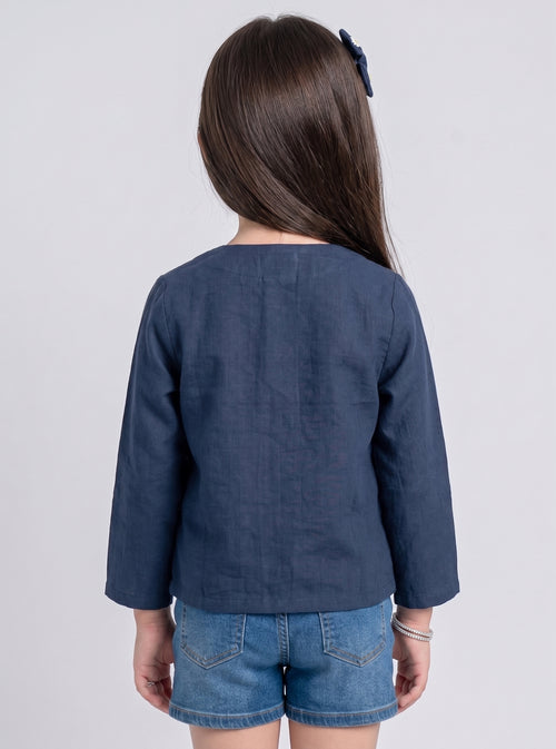 Navy Blue Floral Embroidered Button-Front Top TG6760