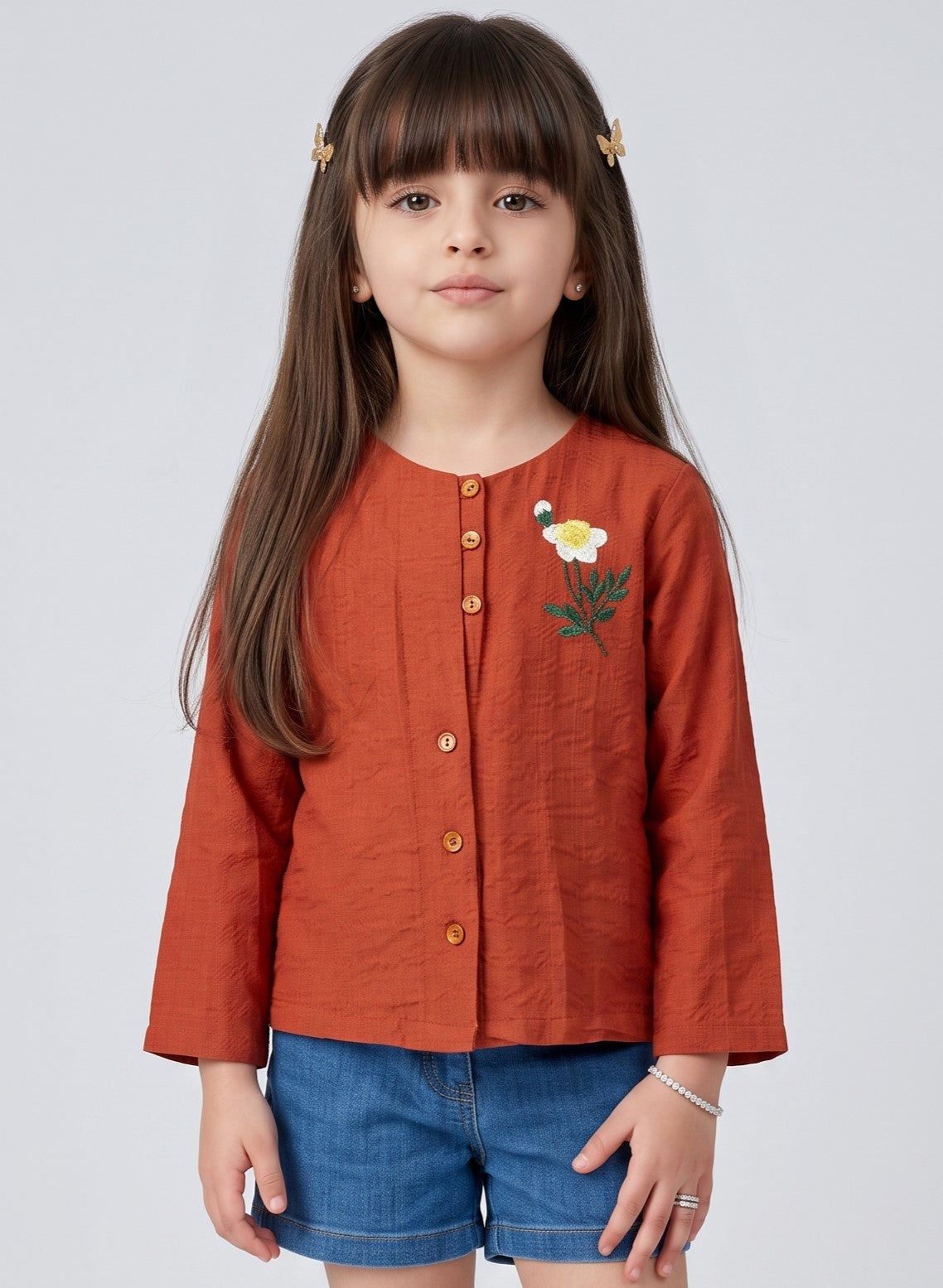 Rust Floral Embroidered Button-Front Top TG6760