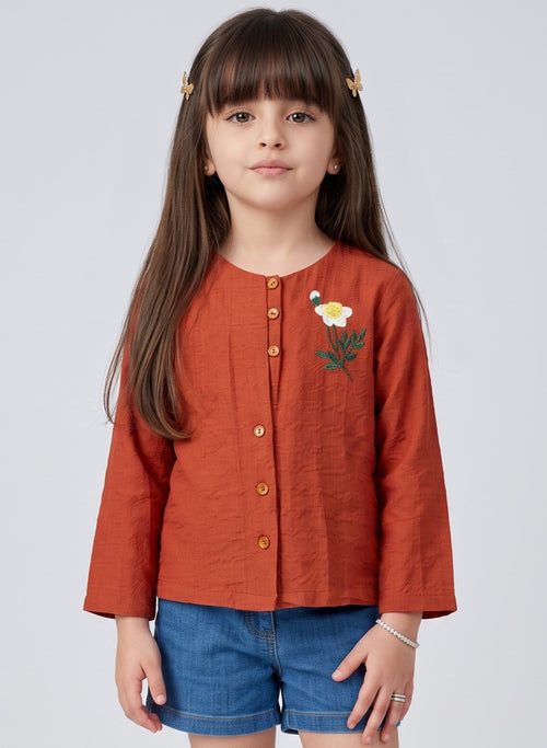 Rust Floral Embroidered Button-Front Top TG6760