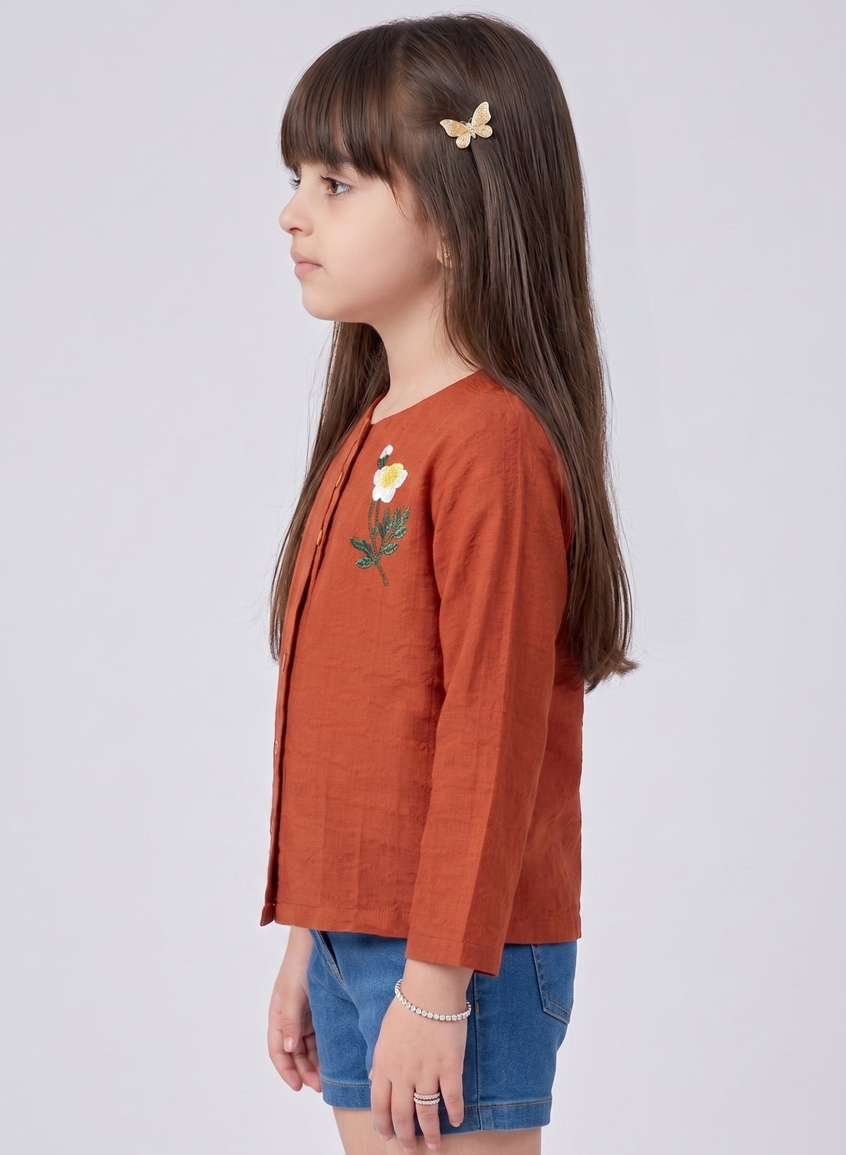 Rust Floral Embroidered Button-Front Top TG6760