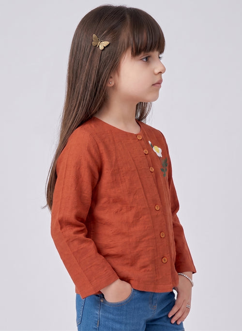 Rust Floral Embroidered Button-Front Top TG6760