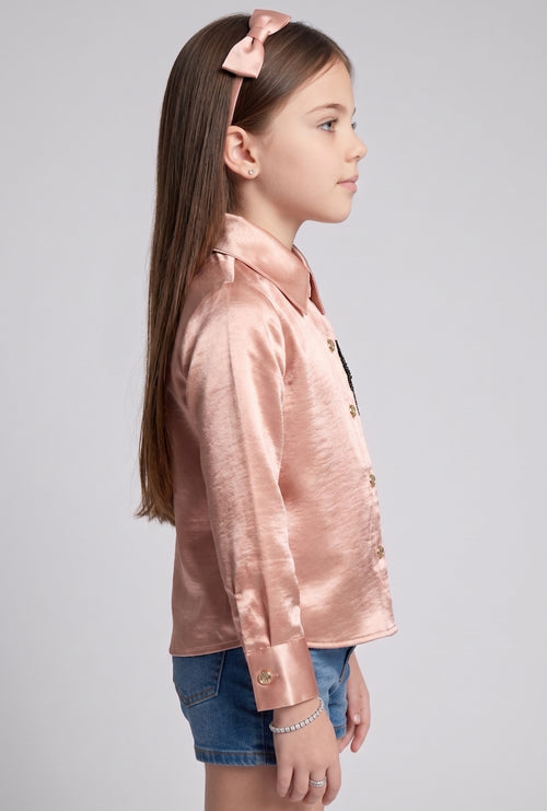 Dusty Pink Satin Floral Embellished Shirt TG6762
