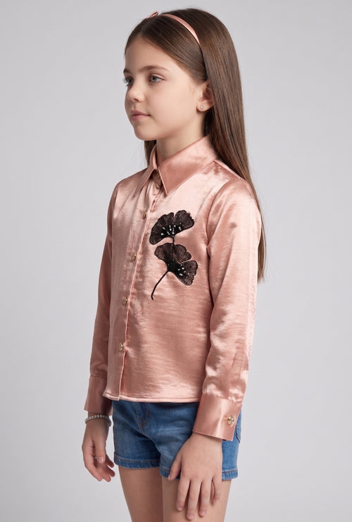 Dusty Pink Satin Floral Embellished Shirt TG6762