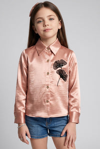 Dusty Pink Satin Floral Embellished Shirt TG6762