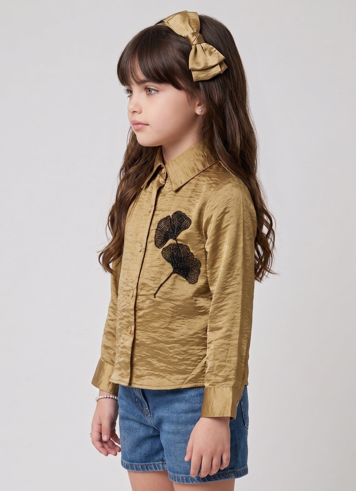 Golden Floral Embroidered Button-Front Shirt TG6762
