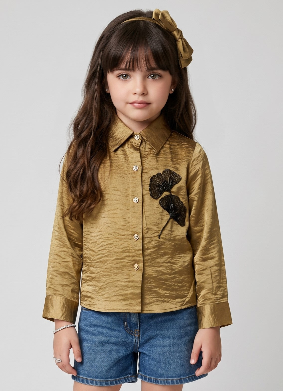 Golden Floral Embroidered Button-Front Shirt TG6762