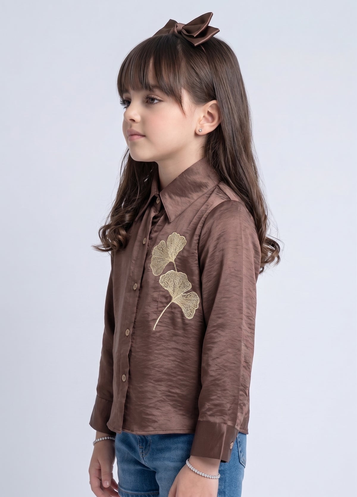 Mauve Satin Floral Embroidered Shirt TG6762