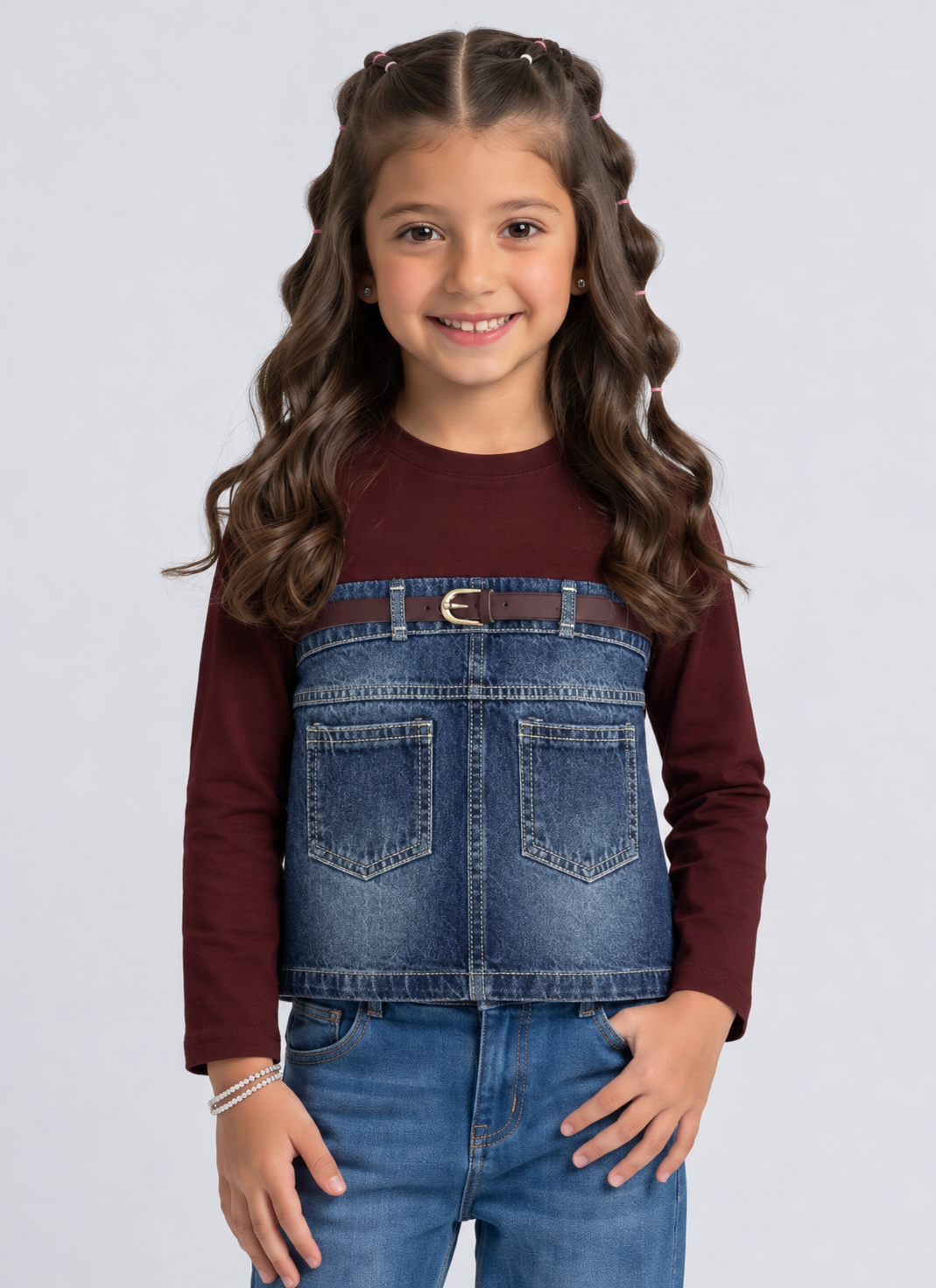Blue Denim Panel and Belt Detail Top TGCO0047