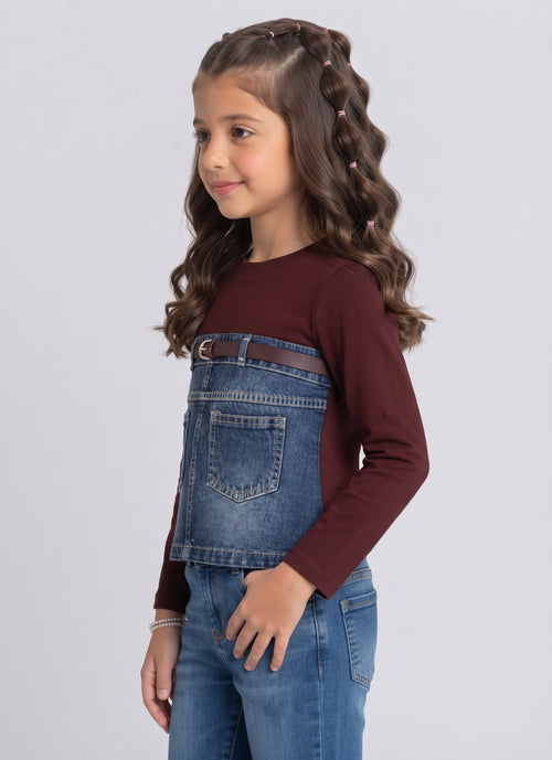 Blue Denim Panel and Belt Detail Top TGCO0047
