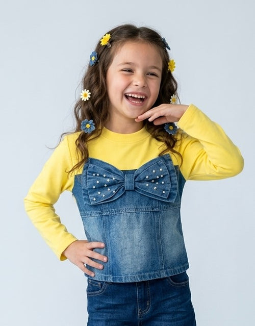 Yellow Round Neck Full Sleeve Denim Bow Top TGCO0049