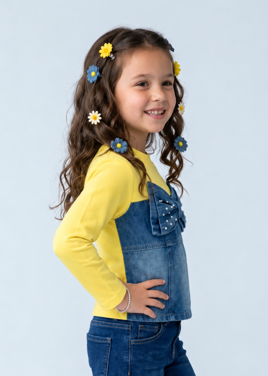 Yellow Round Neck Full Sleeve Denim Bow Top TGCO0049