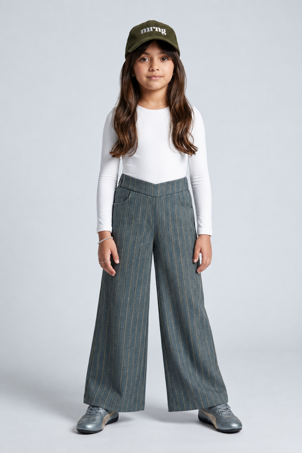 Grey Pinstripe High-Waist Wide-Leg Trousers TGCO0058