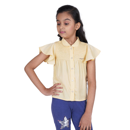Flared Sleeves Collar Front Opening Shirt With Smocking