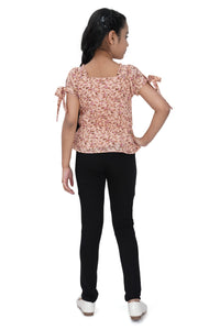 Girls Printed Tie-Up Sleeve Top – Peach