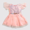 Girls Peach Sequin Tulle Party Frock with Heart Belt TSF10002