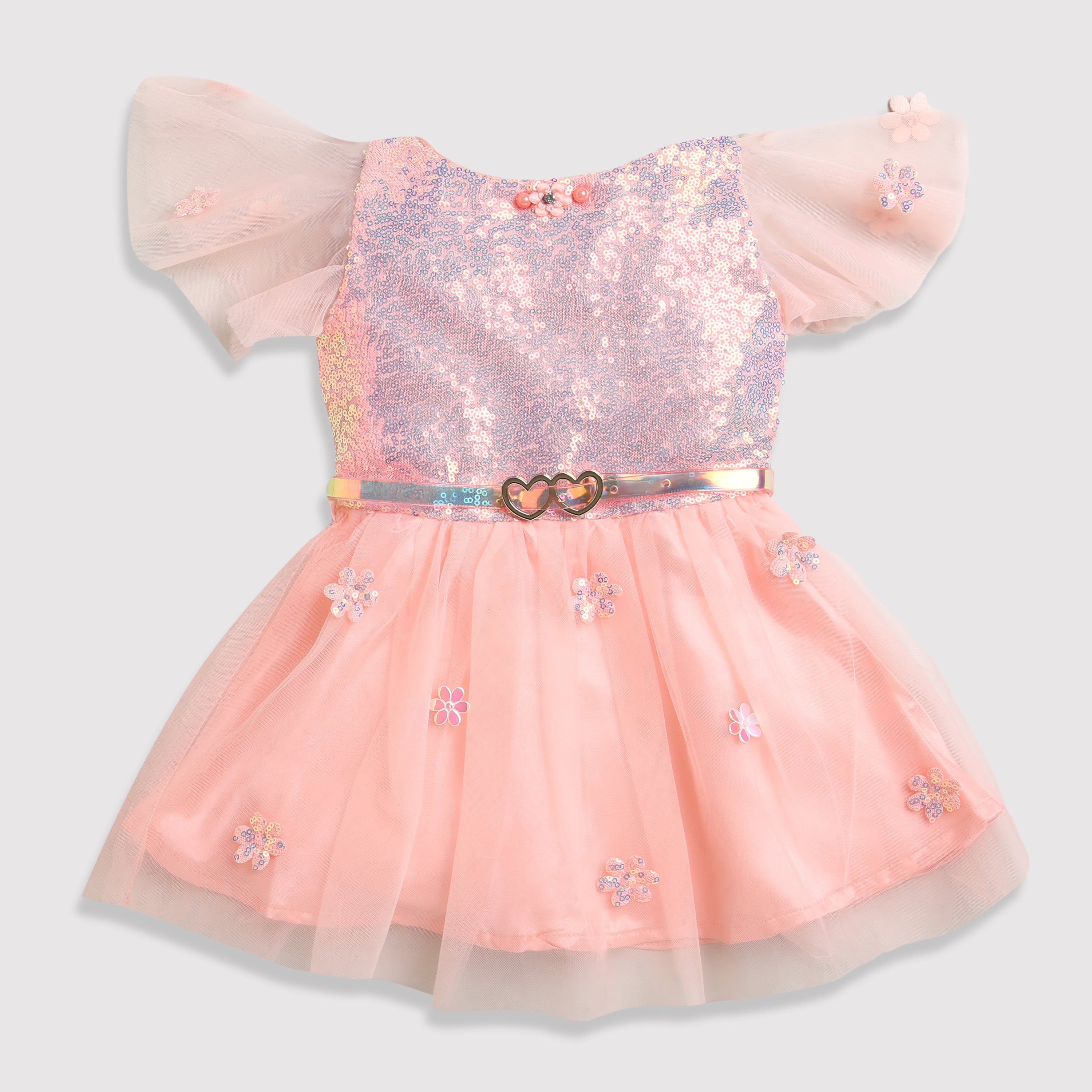 Girls Peach Sequin Tulle Party Frock with Heart Belt TSF10002