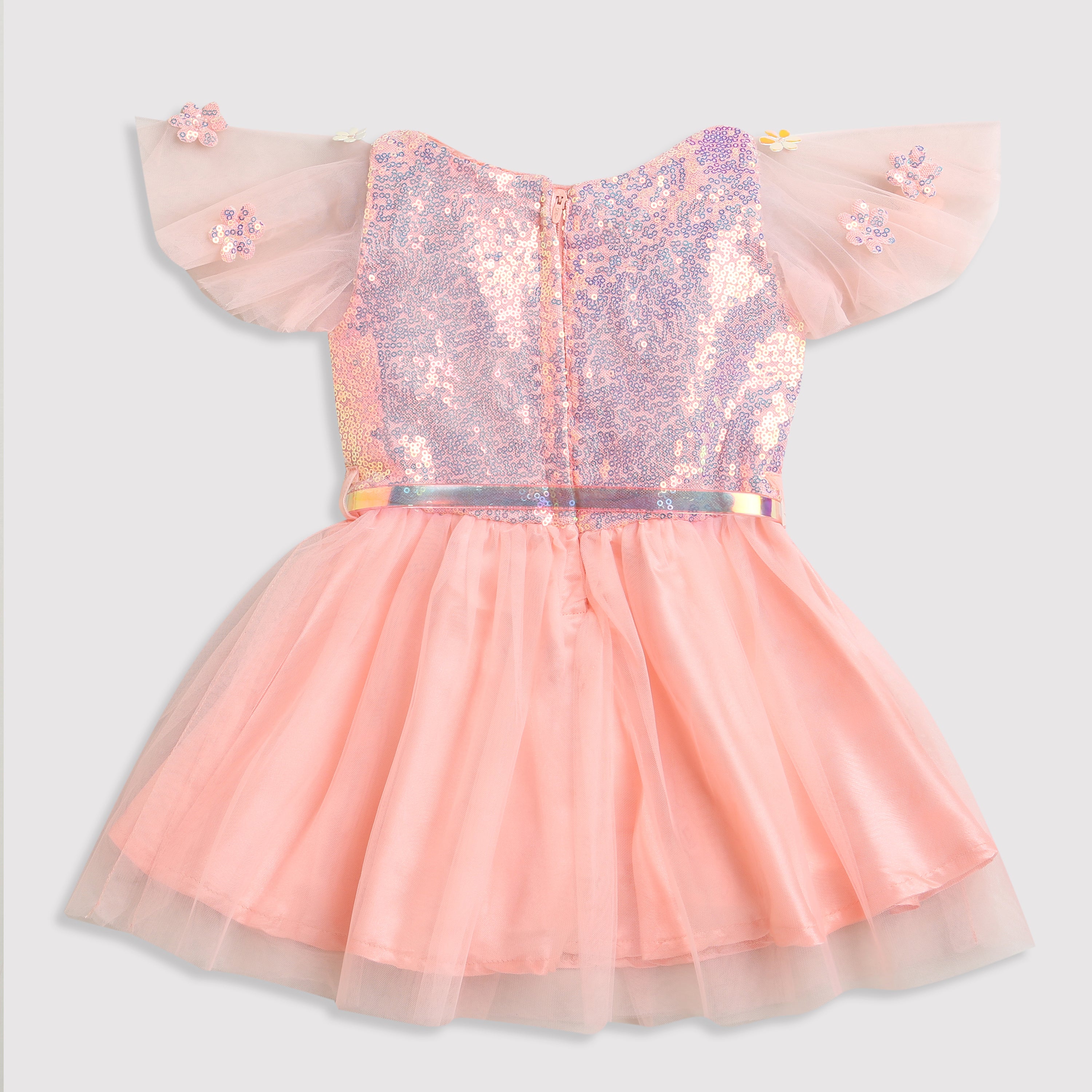 Girls Peach Sequin Tulle Party Frock with Heart Belt TSF10002