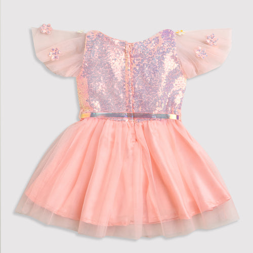 Girls Peach Sequin Tulle Party Frock with Heart Belt TSF10002