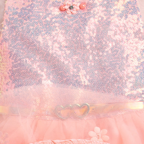 Girls Peach Sequin Tulle Party Frock with Heart Belt TSF10002