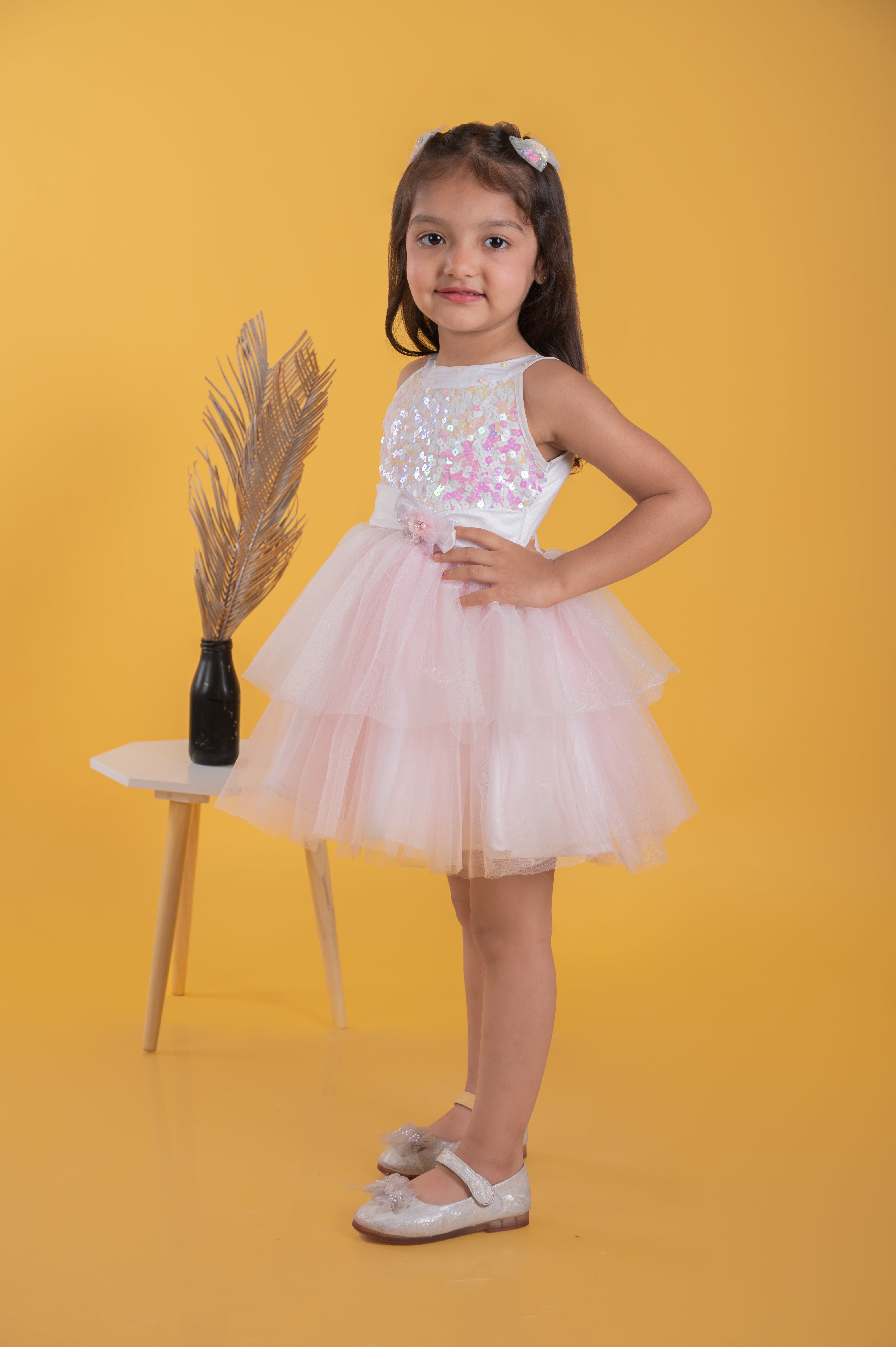 Girls Light Pink Sequin Tulle Party Frock TSF10014