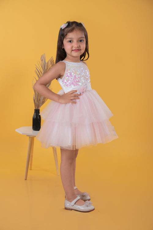 Girls Light Pink Sequin Tulle Party Frock TSF10014