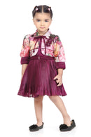 Tressel Wine 3/4th Sleeves Pleated Solid Woven Polyster Flared Frock With Floral Printed Jacket